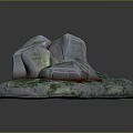 Natural Stone Surface With Green Moss And Plastic Wrapped Ice Cubes On Top