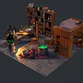Cartoon Alchemist Workshop Scene With Bookshelf Wooden Table Chair Distillation Apparatus Bottles Bowls And Bread