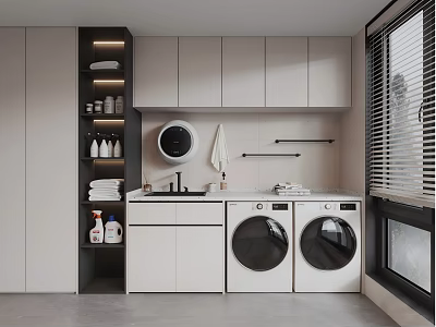 Modern Home Balcony Laundry Area With Washing Machine Dryer Cabinet And Sink 3d model