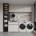Modern Home Balcony Laundry Area With Washing Machine Dryer Cabinet And Sink