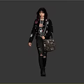 Stylish Young Woman In Black Jacket Ripped Jeans And Patterned Backpack