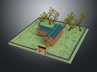 Ancient Building with Traditional Tiled Roof and Red Gate in Grassy Yard 3d model
