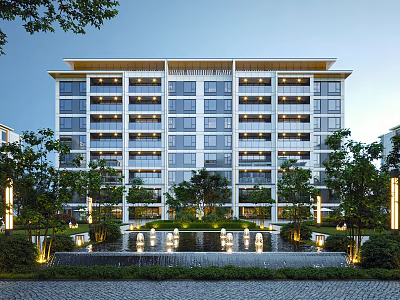 Modern Multi Storey Residential Building Exterior With Glass Windows Green Plants And Water Fountain 3d model