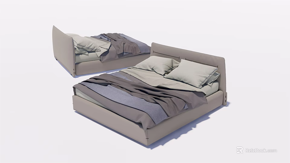 Modern Double Bed With Light Gray Frame Upholstered Headboard And Linen Bedding 3d model 