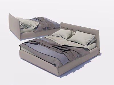 Modern Double Bed With Light Gray Frame Upholstered Headboard And Linen Bedding 3d model