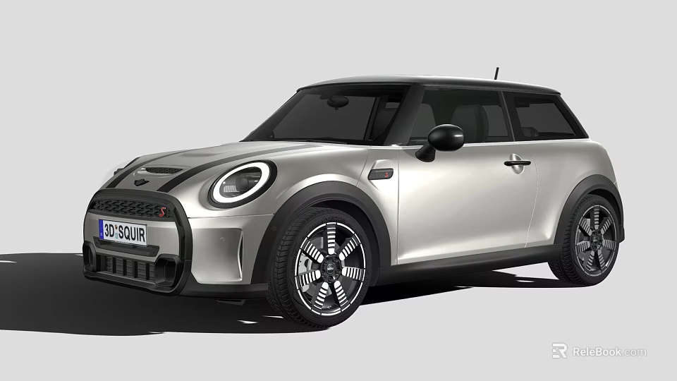 Silver Mini Cooper 3 Door Hatchback with Sporty Wheels and Round Headlights Design 3d model 
