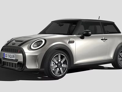 Silver Mini Cooper 3 Door Hatchback with Sporty Wheels and Round Headlights Design 3d model