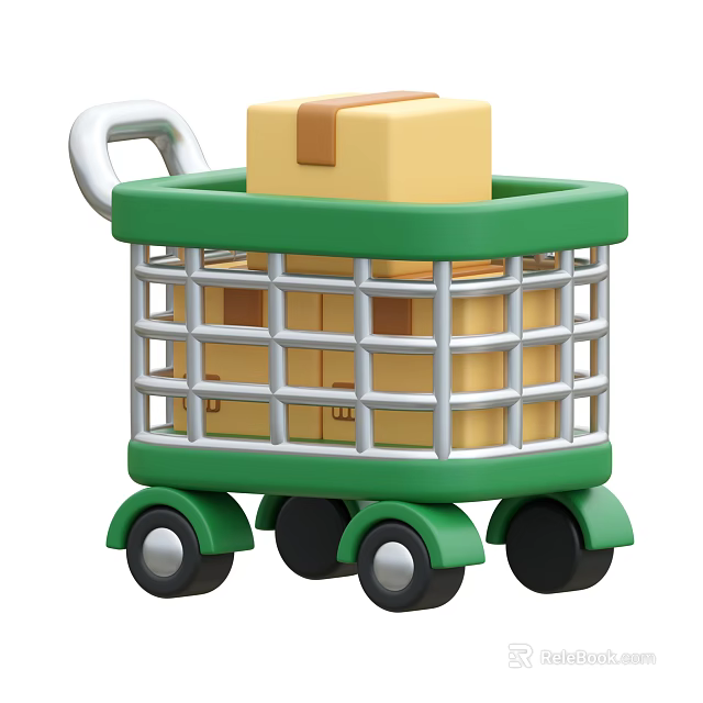Green Shopping Cart With Yellow Boxes Inside Metal Grid Frame 3d model 