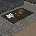 Modern Coffee Table With Glass Top And Wooden Legs In Living Room With Grey Sofa