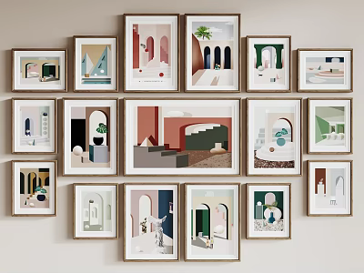 Abstract Paintings Various Frames Hanging On Wall Modern Minimalist Style Soft Colors Arch Stairs Plants 3d model