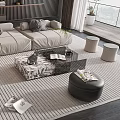 Modern L Shaped Sofa And Coffee Table Set With Light Gray Fabric And Marble Top