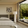 Modern Bedroom Interior With Large Bed Wooden Floor And Green View Through Window