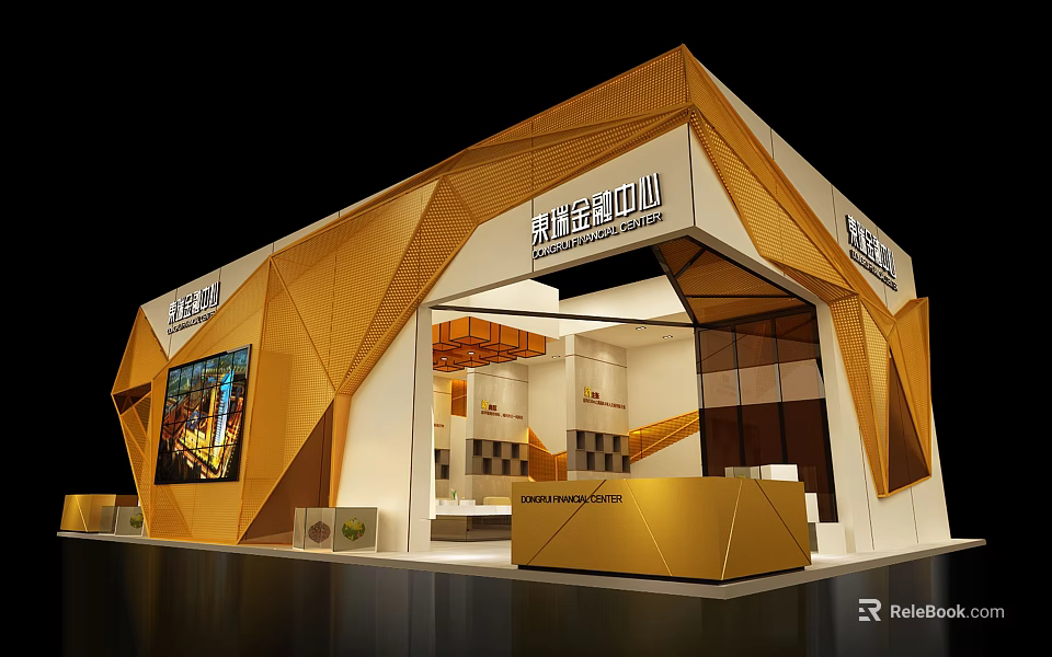 Modern Exhibition Booth With Geometric Design Golden White Exterior Shangri-La Signage Glass Entrance Reception Counter 3d model 