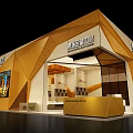 Modern Exhibition Booth With Geometric Design Golden White Exterior Shangri-La Signage Glass Entrance Reception Counter