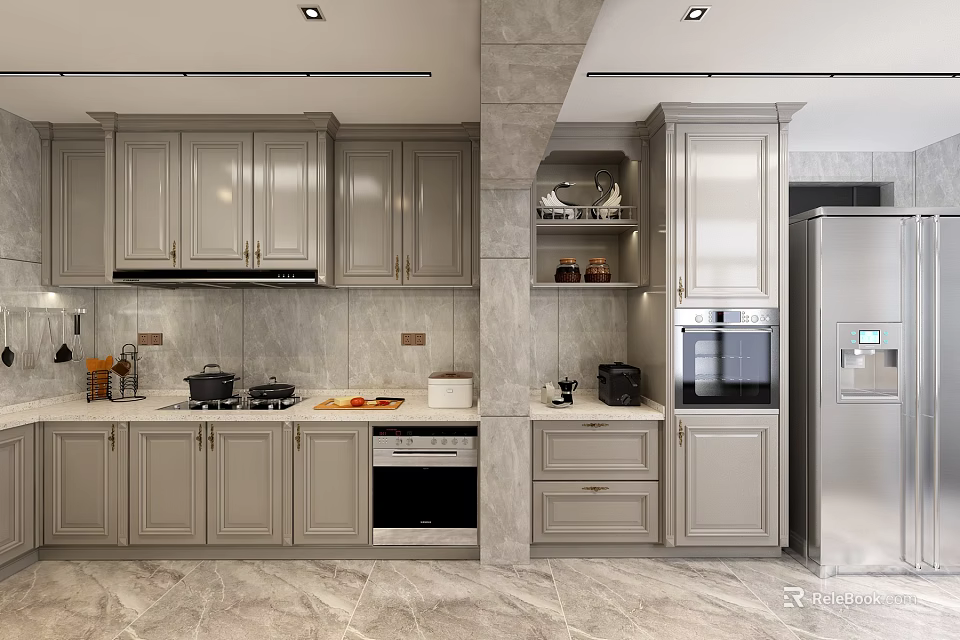 Modern Kitchen Interior With Gray Cabinets Marble Countertop And Appliances 3d model 
