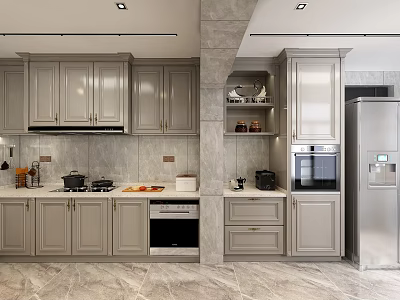 Modern Kitchen Interior With Gray Cabinets Marble Countertop And Appliances 3d model