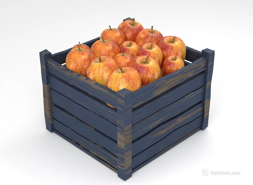 Fresh Red Apples Filled in Blue Wooden Crate on White Background 3d model 