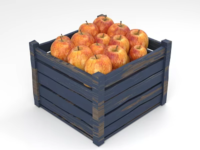 Fresh Red Apples Filled in Blue Wooden Crate on White Background 3d model