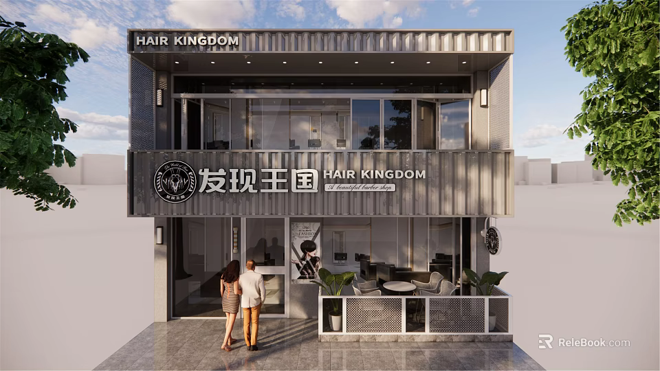 Modern Hair Kingdom Facade Two Story Building With Glass Windows Entrance And People Standing 3d model 