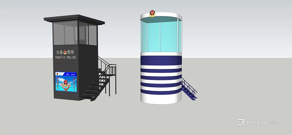 Black And Blue White Striped Police Security Booths With Glass Walls And Staircases 3d model 