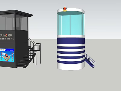 Black And Blue White Striped Police Security Booths With Glass Walls And Staircases 3d model
