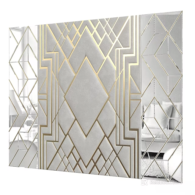 Elegant Bedroom Accent Wall With Geometric Patterns And Gold Mirror Design 3d model 