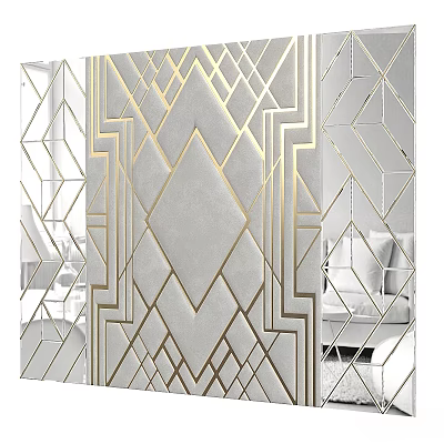 Elegant Bedroom Accent Wall With Geometric Patterns And Gold Mirror Design 3d model
