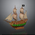 Pirate Ship Model With Brown Hull Green Bottom Multiple Sails And Black Flag