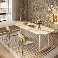 Modern Dining Table Set With White Marble Top Light Green Chairs And Metal Legs