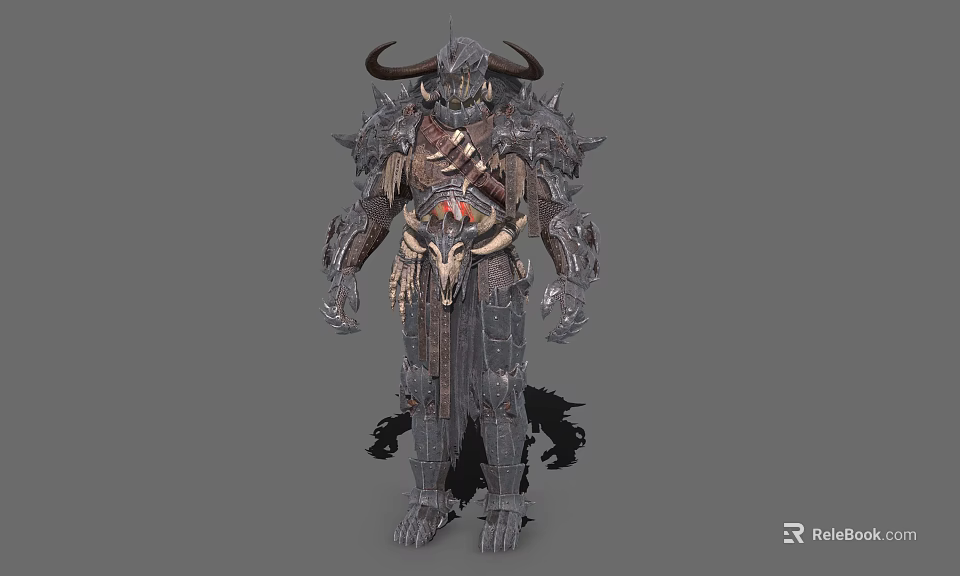 Game Movie Character with Horns Spiked Armor and Red Chest Detail in Standing Pose 3d model 