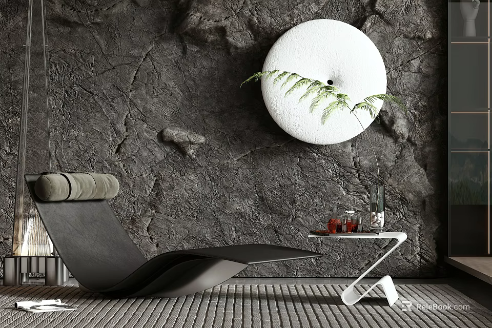 Sleek Modern Black Lounge Chair With Rock Wall Backdrop Circular Decor And Fern Plant 3d model 