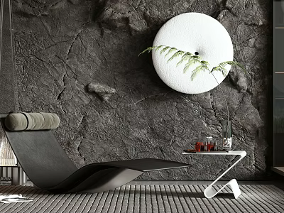 Sleek Modern Black Lounge Chair With Rock Wall Backdrop Circular Decor And Fern Plant 3d model