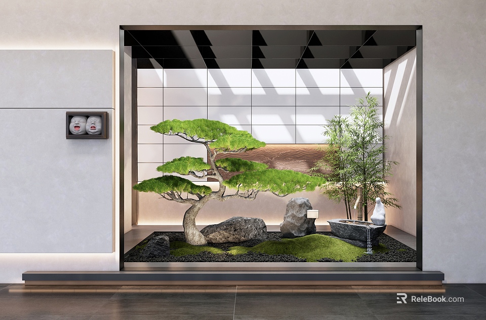 Serene Indoor Landscape With Bonsai Pine Rock Bamboo Moss And Geometric Wall Design 3d model 