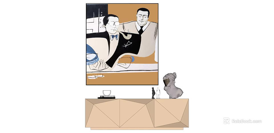 Portrait Painting of Two Men in Suits on Wall with Decorative Cabinet and Dog Sculpture 3d model 