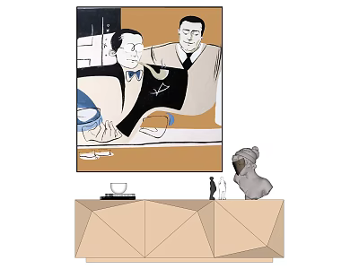 Portrait Painting of Two Men in Suits on Wall with Decorative Cabinet and Dog Sculpture 3d model