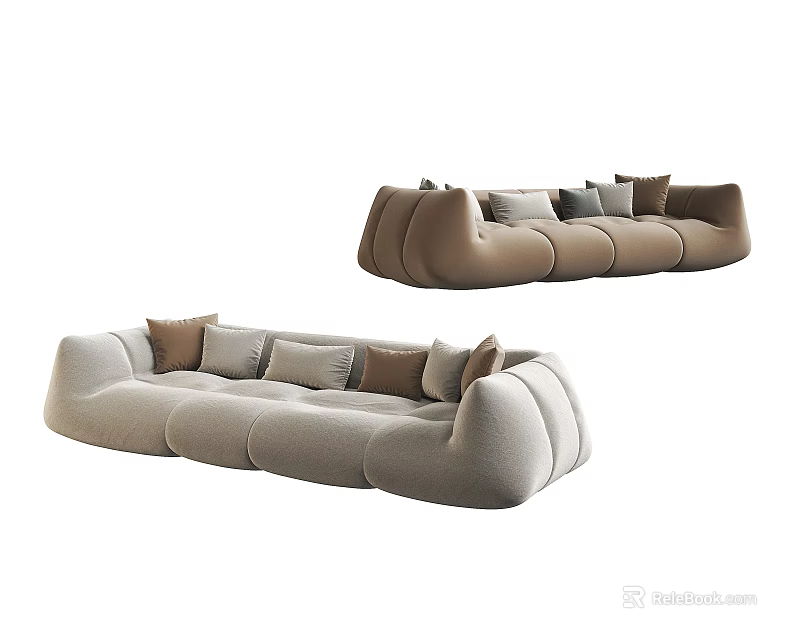 Modern Three-Seater Sofa in Beige and Brown with Cozy Cushions and Soft Lines 3d model 