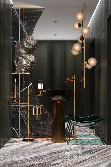 Elegant Modern Washbasin Design With Gold Faucet Spherical Lamps And Black Striped Walls 3d model 