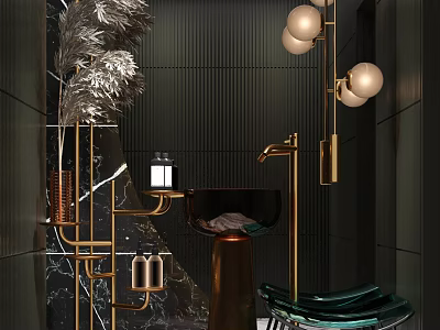 Elegant Modern Washbasin Design With Gold Faucet Spherical Lamps And Black Striped Walls 3d model