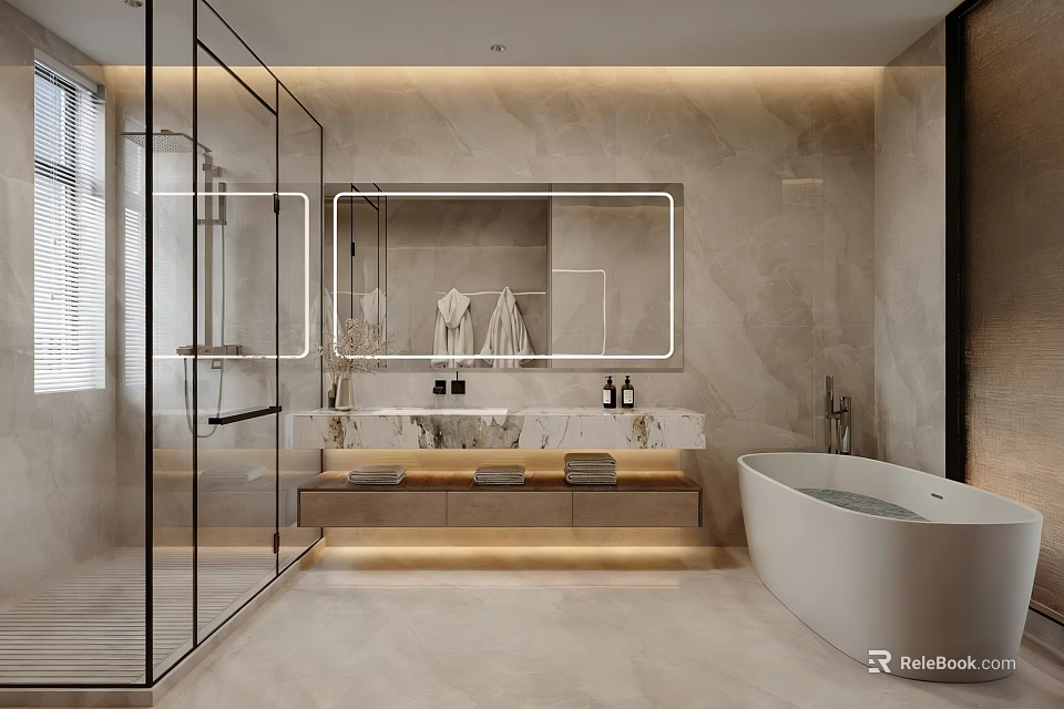Modern Bathroom Interior With Glass Shower Large Mirror And Freestanding Bathtub 3d model 