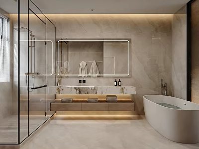 Modern Bathroom Interior With Glass Shower Large Mirror And Freestanding Bathtub 3d model