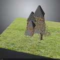 Brick Building with Multiple Gray Tiled Pointed Roofs on Green Grassy Area and a Tree