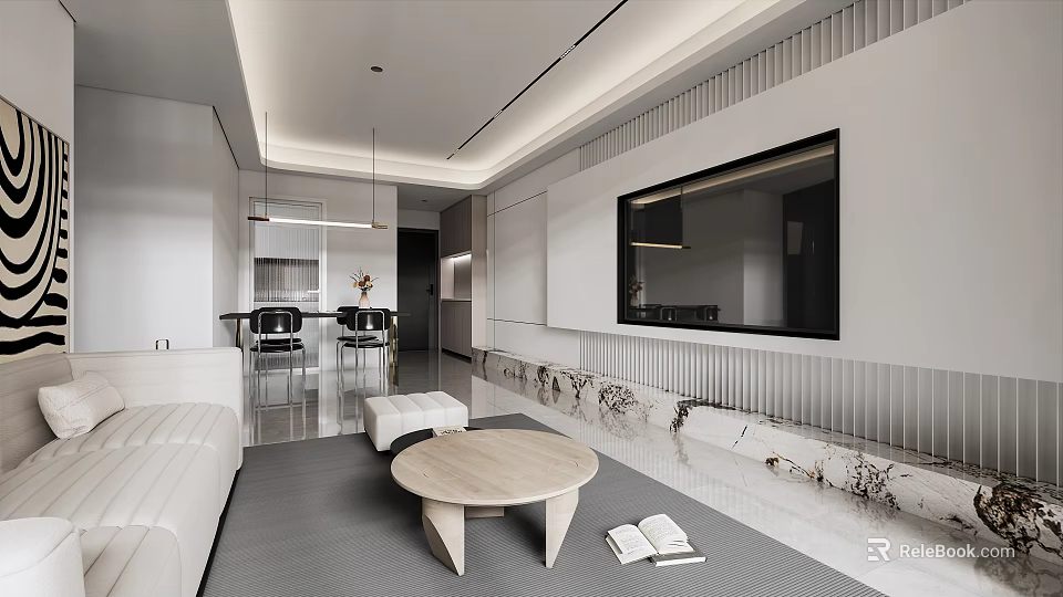 Modern Living Dining Room Interior With White Sofa Wooden Coffee Table And Dining Chairs 3d model 