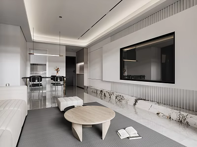 Modern Living Dining Room Interior With White Sofa Wooden Coffee Table And Dining Chairs 3d model
