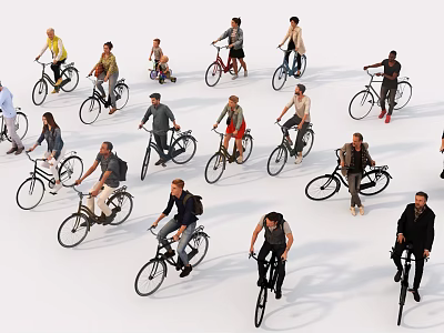 Diverse Group of People Riding Bicycles in Various Outfits and Different Styles 3d model