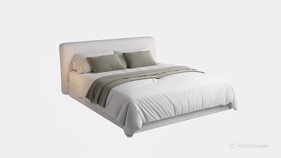 Minimalist Double Bed With White Upholstered Headboard Gray Pillows And Bedding 3d model 