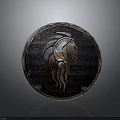 Vintage Defensive Shield With Horse Head Engraving Antique Wooden Metal Design