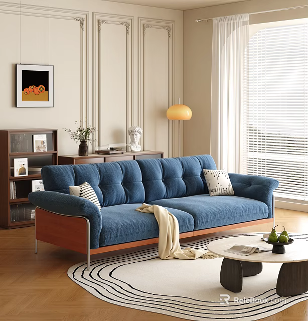 Blue Tufted Velvet Sofa with Wooden Legs and Round Coffee Table in Living Room with Green Plants 3d model 