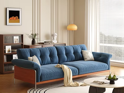 Blue Tufted Velvet Sofa with Wooden Legs and Round Coffee Table in Living Room with Green Plants 3d model