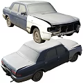 Old Damaged Blue Cars Front And Rear Views