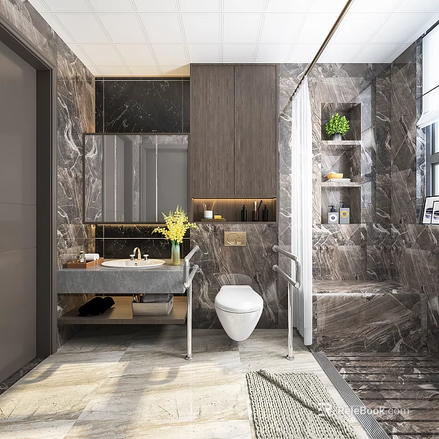 Modern Bathroom Interior Design With Marble Walls Vanity Mirror Lighting And Green Plant 3d model 